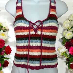 Candie's Knit Striped Boho Top Sz XS Knitted Blouse Granny Core Aesthetic